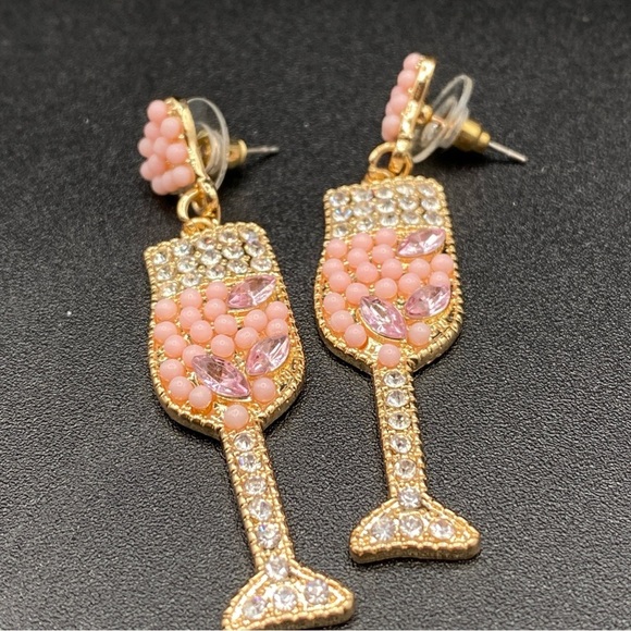 Champagne Pink Sparkly Rhinestone Gold Earrings - Picture 5 of 9